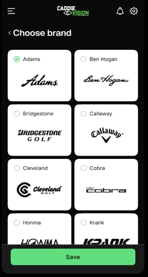 CaddieVision app screen for choosing your club brands