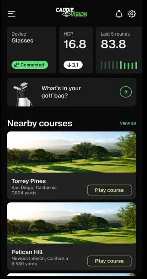 CaddieVision app home screen with glasses connected and nearby courses