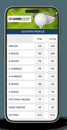 CaddieVision companion app showing a golfer profile with average and long distances for each club
