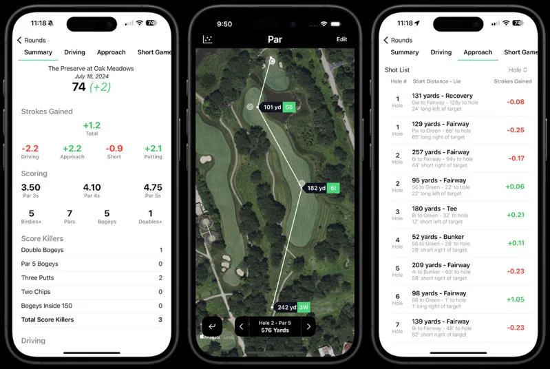 App preview of round stats, hole map and shot list