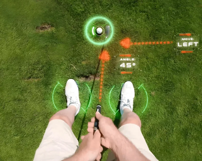 Concept rendering of the glasses view showing stance and alignment guidance over a golfer’s feet
