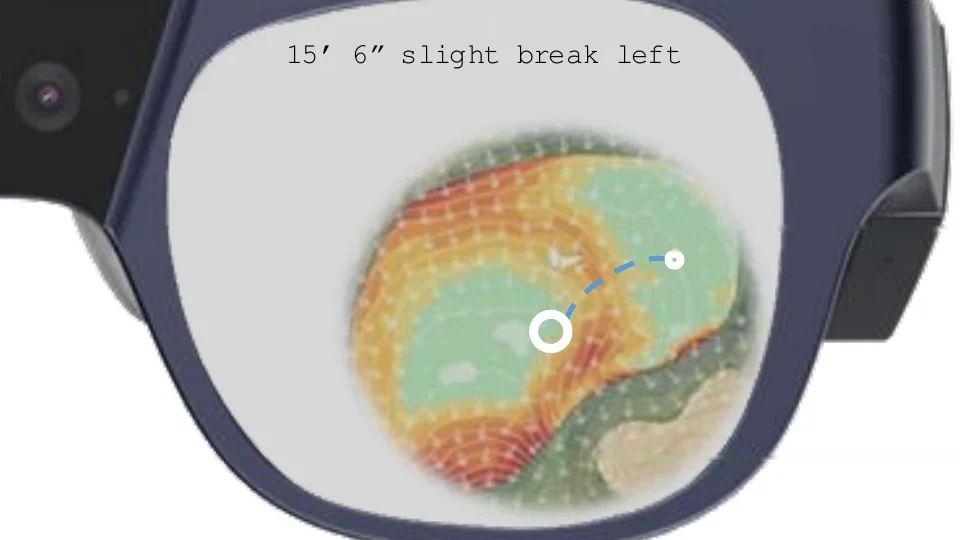 Concept rendering of CaddieView showing a putting green heatmap and ball path in the glasses lens